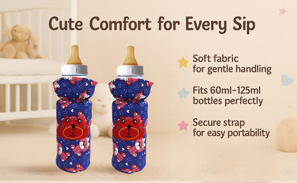 Check Textile Baby Feeding Bottle Cover with Strap & Cartoon Print